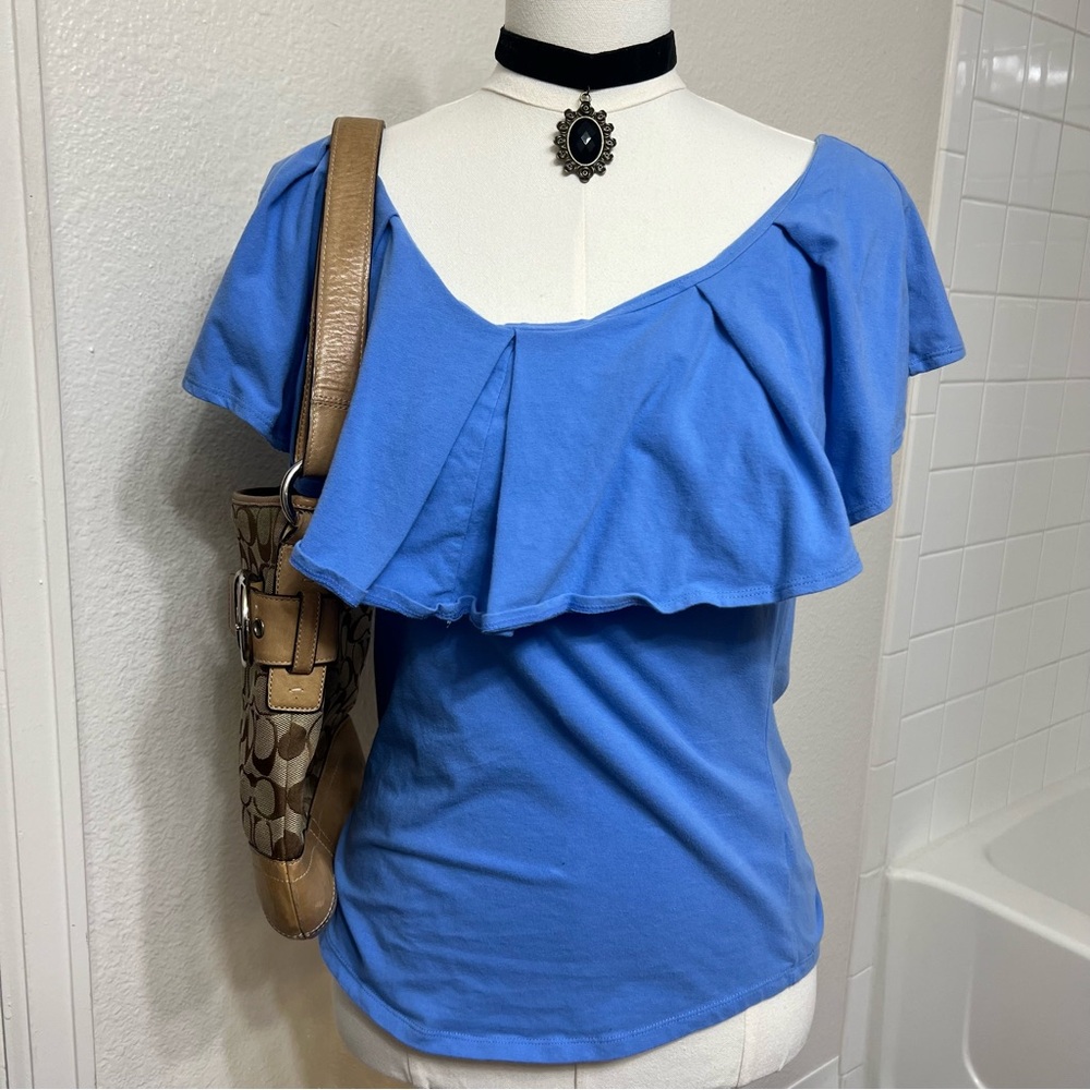 Free People indigo Blue blouse with ruffles off shoulder solid basic boho cute
